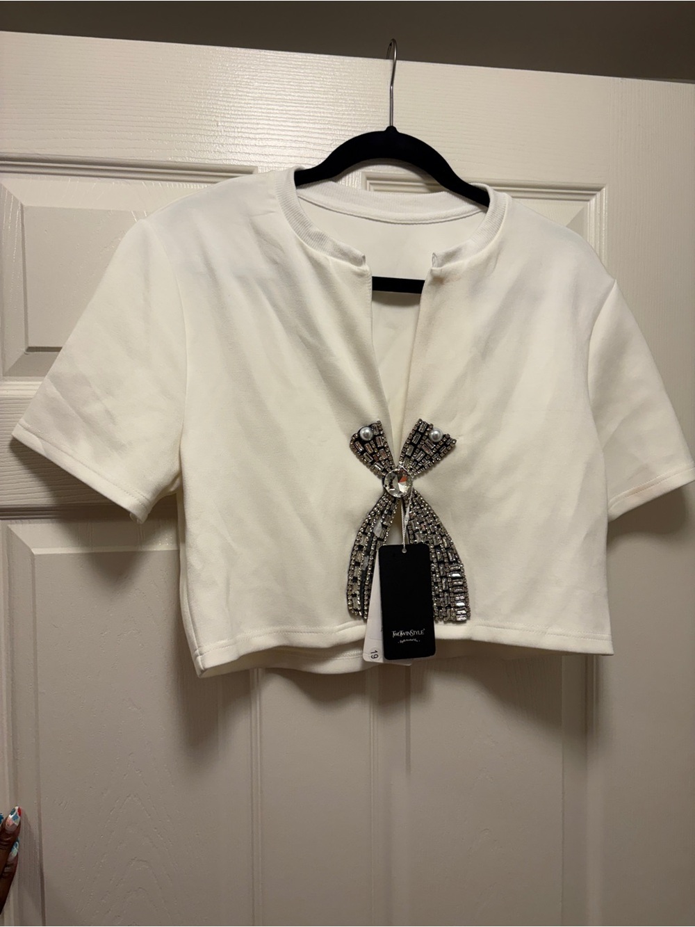 Aqua White Cropped Top with Diamamte Jeweled Bow Accent
